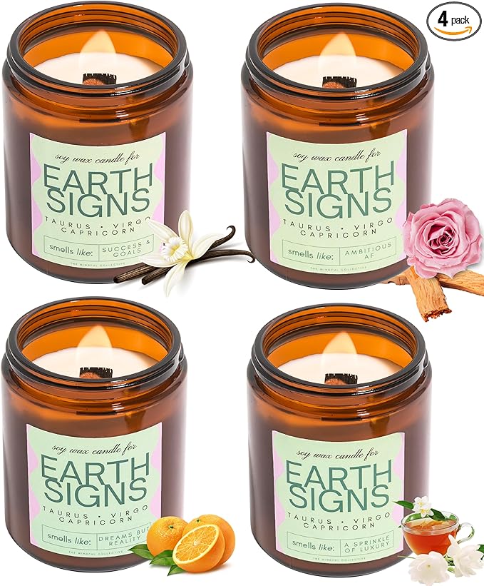 Taurus, Virgo, Capricorn Gifts for Women - Wood Wick Candles, 4 Pack Small Scented Candles Set for Women. 6oz Natural Soy Wax, Aromatherapy Set for Home. Zodiac Astrology Birthday Spiritual Gifts