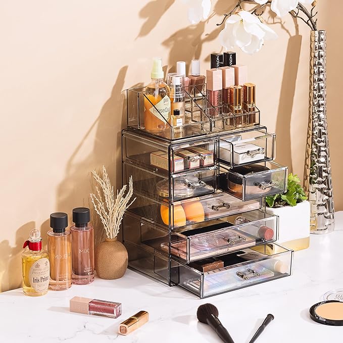 Sorbus Acrylic Makeup Organizer Set, 7-Drawer Vanity & Countertop Cosmetic Storage with Small & Wide Compartments, Black-Tint Makeup Storage for Brushes, Jewelry – Holiday Gift for Women & Teens