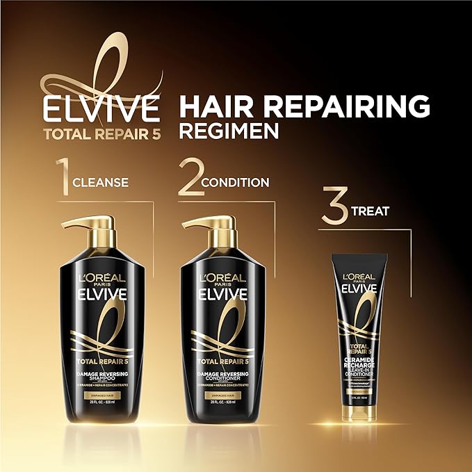 L'Oreal Paris Elvive Total Repair 5 Repairing Shampoo for Damaged Hair Shampoo with Protein and Ceramide for Strong Silky Shiny Healthy Renewed Hair 28 Fl Oz(Packaging May Vary)