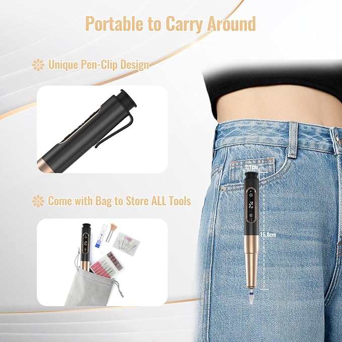 Nail Drill Cordless, Electric Nail File 12 in 1 with LED Display, Nail Drill Machine Professional Portable Rechargeable E File for Gel Acrylic Manicure Pedicure Set with 5 Speeds Black
