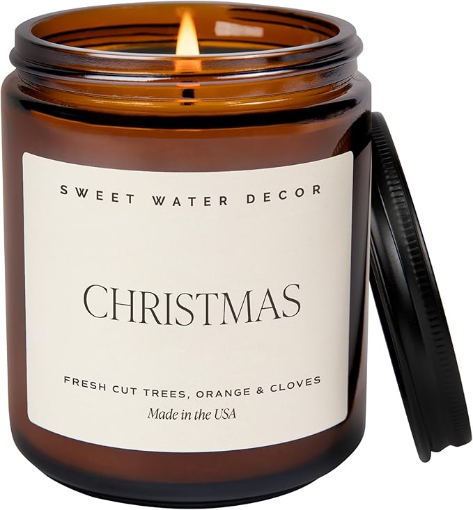 Sweet Water Decor Christmas Soy Candle | Apple Cider, Cinnamon, Clove, Fresh Cut Christmas Tree Scented Candles for Home | 9oz Amber Jar + Black Lid, 40+ Hour Burn Time, Made in The USA