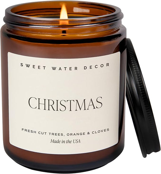 Sweet Water Decor Christmas Soy Candle | Apple Cider, Cinnamon, Clove, Fresh Cut Christmas Tree Scented Candles for Home | 9oz Amber Jar + Black Lid, 40+ Hour Burn Time, Made in The USA