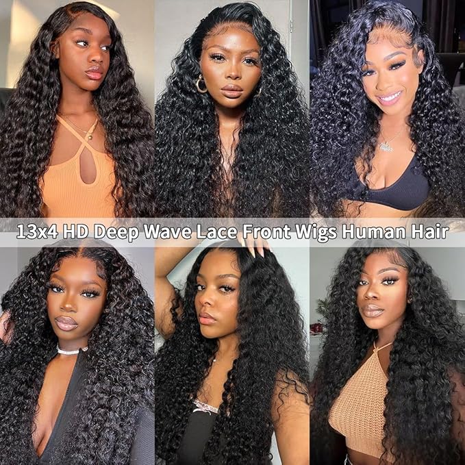 HD Transparent Deep Wave Lace Front Wigs Human Hair 200% Density 13x4 Deep Wave Lace Frontal Wigs for Women 26 Inch Deep Curly Lace Front Wig Glueless Deep Wave Wigs