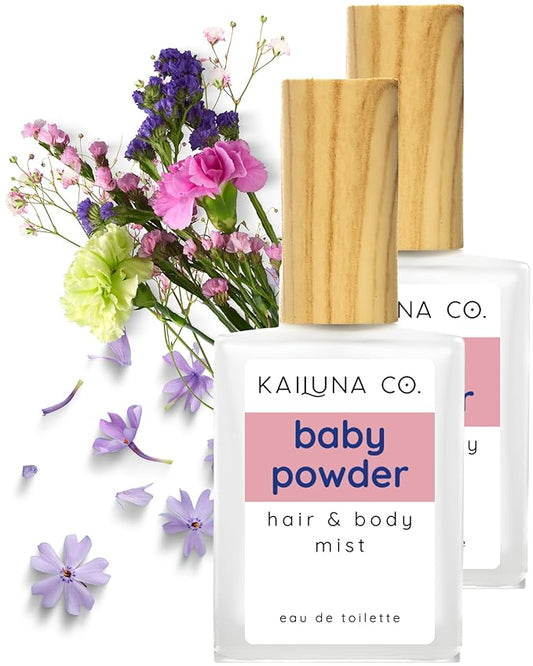 Baby Powder Natural Hair & Body Mist Spray, Twin Pack, Pure Essential and Fragrance Oils, Alcohol-Free, Handmade in California (2 x 0.5Fl Oz)