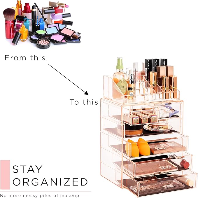 Sorbus Clear Cosmetic Makeup Organizer - Make Up & Jewelry Storage, Case & Display - Spacious Design - Great Holder for Dresser, Bathroom, Vanity & Countertop (4 Large, 2 Small Drawers) [Pink]