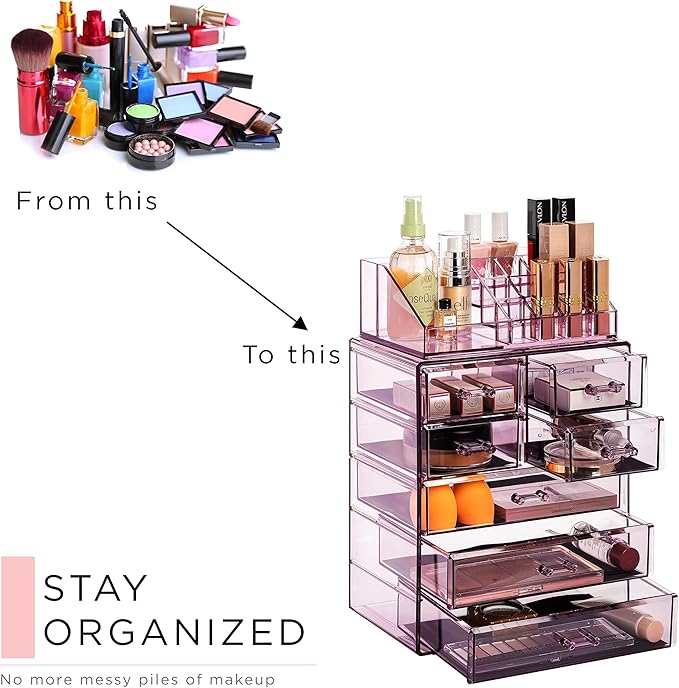 Sorbus Clear Cosmetic Makeup Organizer - Make Up & Jewelry Storage, Case & Display - Spacious Design - Great Holder for Dresser, Bathroom, Vanity & Countertop (3 Large, 4 Small Drawers) [Purple]