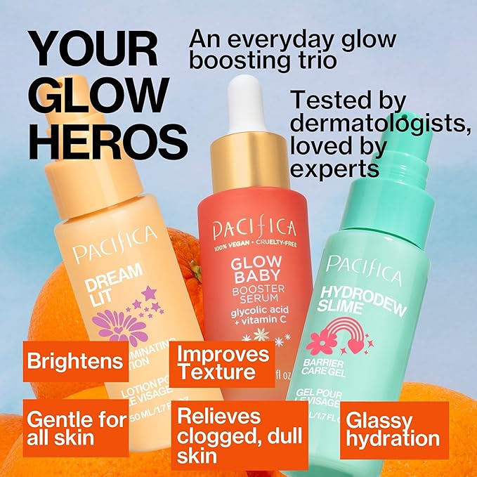 Pacifica Glow Baby Brightening Skincare Set – Vitamin C Booster Serum, Hydrodew Vegan Snail Moisturizer & Dreamlit Illuminating Lotion for Glowing Skin, Hydration & Radiance