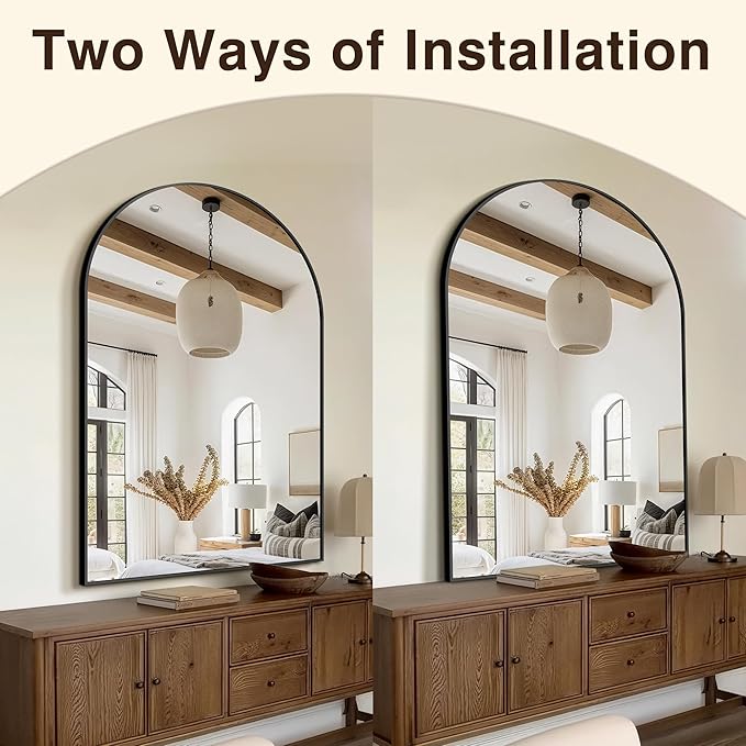 FICTOR Bathroom Vanity Mirror for Wall,55”x35” Large Arched Bathroom Mirror, Metal Framed with HD Shatter-Proof Glass for Entryway, Living Room,Bedroom, Wall Mounted or Leaned Against(Black)