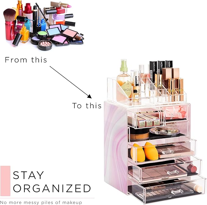Sorbus Clear Cosmetic Makeup Organizer - Make Up & Jewelry Storage, Case & Display - Spacious Design - Great for Dresser, Bathroom, Vanity & Countertop (4 Large, 2 Small Drawers) [Tie Dye Print]