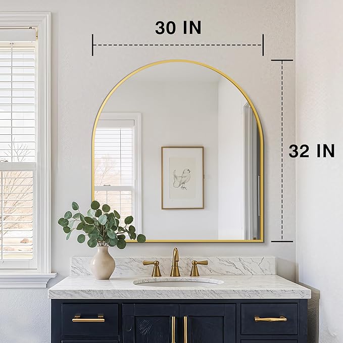 FICTOR Bathroom Vanity Mirror for Wall,32”x30” Arched Metal Framed Bathroom Mirror for Over Sink,Entryway,Living Room,Bedroom(Gold)