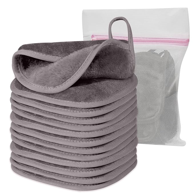 Makeup Remover Cloth, 6" x 6" Make Up Towels Reusable Face Cloth for Washing Face, Makeup Remover Pads Microfiber Face Washcloth with Mesh Bag, Just Water, 12 Pack, Cool Grey