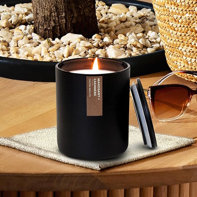 Calyan Wax Co. Mahogany & Cashmere Scented Candle - 75 Hour Burn - Luxury Non Toxic Soy Wax Candles - Long Lasting Black Tumbler Jar Candle for Home - 10.2oz