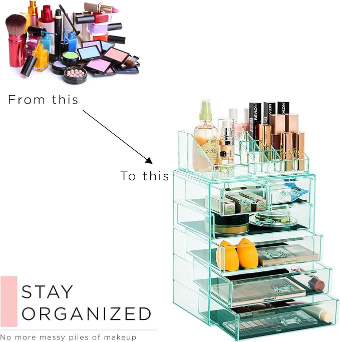Sorbus Clear Cosmetic Makeup Organizer - Make Up & Jewelry Storage, Case & Display - Spacious Design - Great Holder for Dresser, Bathroom, Vanity & Countertop (4 Large, 2 Small Drawers) [Teal Thrill]