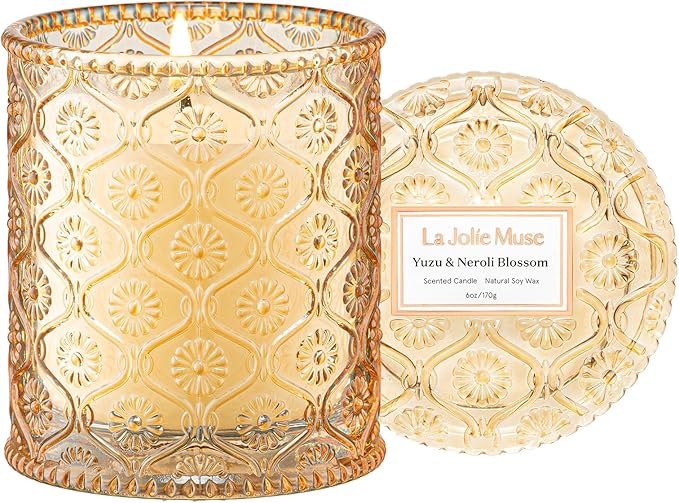 LA JOLIE MUSE Yuzu & Neroli Blossom Candle - Yuzu, Orange Blossom, Cedarwood | 6 oz Natural Soy Wax | 40 Hours Clean Burn | Citrus Scented Candle | Gift-Ready for Hosts & Gatherings