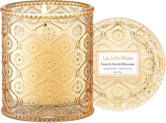 LA JOLIE MUSE Yuzu & Neroli Blossom Candle - Yuzu, Orange Blossom, Cedarwood | 6 oz Natural Soy Wax | 40 Hours Clean Burn | Citrus Scented Candle | Gift-Ready for Hosts & Gatherings