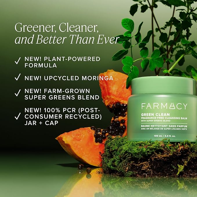 Farmacy Makeup Remover Cleansing Balm - Green Clean Waterproof Makeup Remover + Oil Based Cleanser - Newly Formulated Double Cleanser with Plant Based Waxes + Upcycled Moringa (30ml)