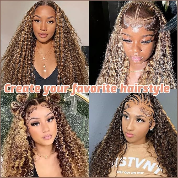 Honey Blonde 13x6 Deep Wave Lace Front Wigs Human Hair 22 inch 4/27 Highlight Ombre Deep Wave HD Transparent Lace Front Wigs Pre Plucked 200% Density Wet And Wavy Curly Lace Frontal Wig for Women