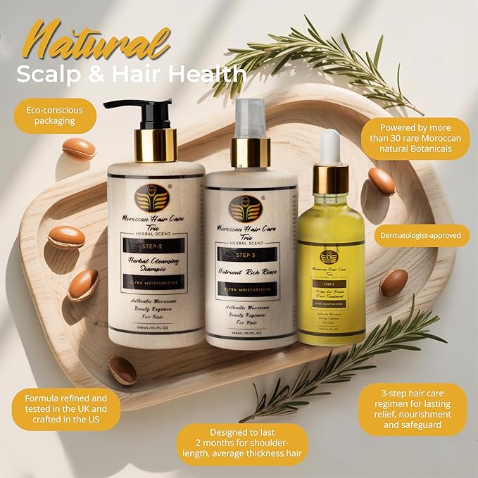 Moroccan Hair Care Trio – Premium 3-Step System for Scalp & Follicle Health – Argan Oil, Herbal Shampoo & Leave-In Rinse – 30+ Botanicals – Dermatologist Approved – Sulfate-Free, Clean
