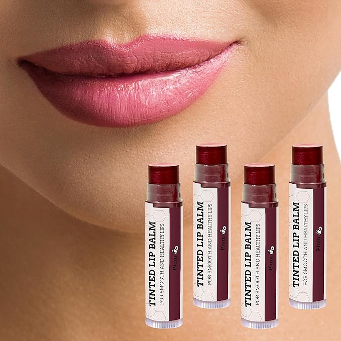Earth's Daughter Tinted Lip Balm Stocking Stuffers 4 Pack of Plum Color - Beeswax, Coconut Oil, Cocoa Butter, Vitamin E -Moisturize and Beautify, Paraben Free