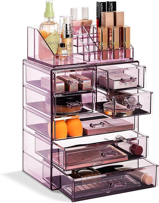 Sorbus Clear Cosmetic Makeup Organizer - Make Up & Jewelry Storage, Case & Display - Spacious Design - Great Holder for Dresser, Bathroom, Vanity & Countertop (3 Large, 4 Small Drawers) [Purple]