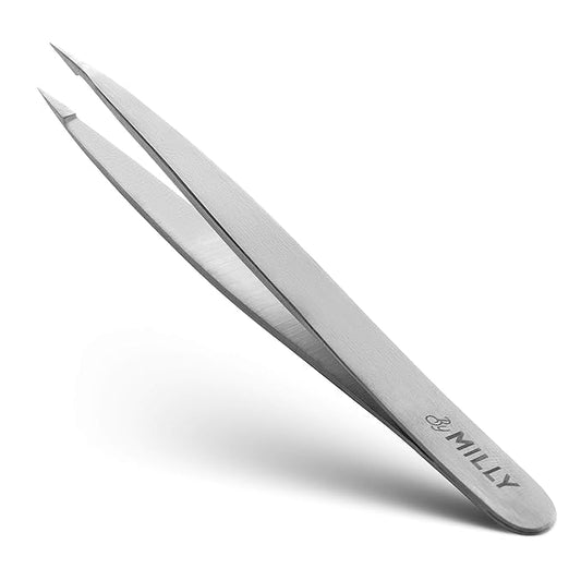 Pointed Tweezers | High Carbon Stainless Steel Needle Nose | Fine Point Precision Hair Removal | Perfectly Aligned & Hand-Filed Sharp | Silver