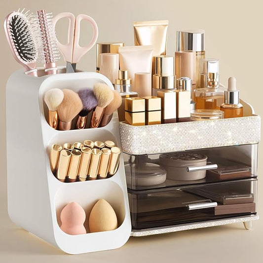 HBlife Makeup Organizer with Brush Holder for Vanity, Large Plastic Bathroom Countertop Organizer Skin Care Storage, Easy to Store Lipsticks, Nail Polishes, Perfumes, Eyeshadow Palettes, Pearl White