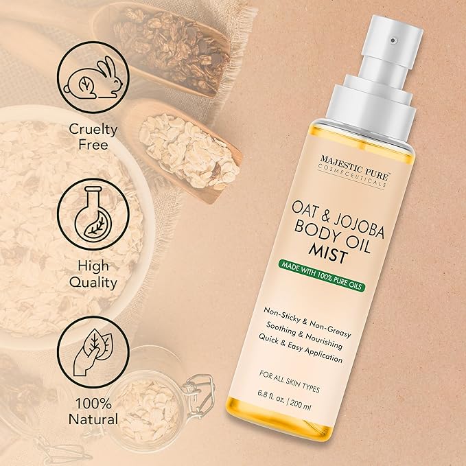 Majestic Pure Oat & Jojoba Oil Body Mist- 100% Pure & Natural - After Shower Body Oils for Women and Men - Scented, Radiant, Skin Therapy Firming Massage Oil - 6.8 Fl Oz