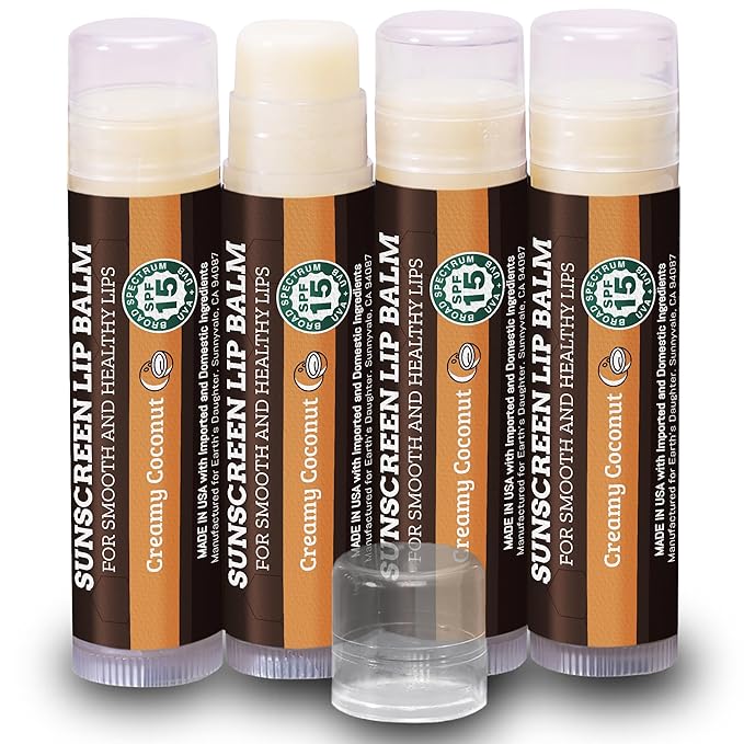 Earth's Daughter SPF Coconut Lip Balm 4-Pack Stocking Stuffers - Lip Sunscreen, SPF 15, Organic Ingredients, Beeswax, Coconut Oil, Vitamin E - Hypoallergenic, Paraben Free, Gluten Free, New