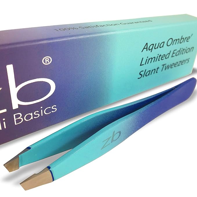 Tweezers - Limited Edition Aqua Ombré Slant Tweezer - Best Tweezers for Eyebrow, Hair Removal and Your Precision Needs