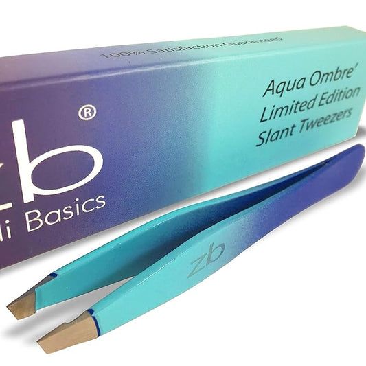 Tweezers - Limited Edition Aqua Ombré Slant Tweezer - Best Tweezers for Eyebrow, Hair Removal and Your Precision Needs