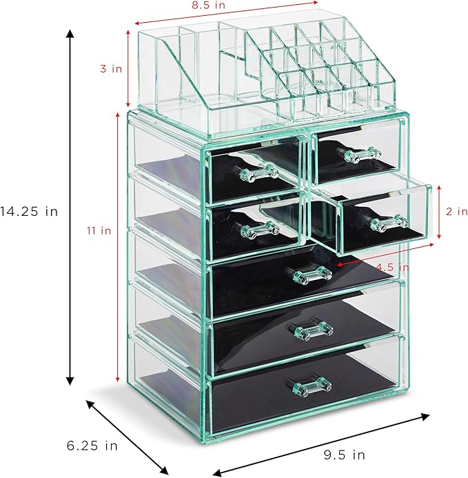 Sorbus Clear Cosmetic Makeup Organizer - Make Up & Jewelry Storage, Case & Display - Spacious Design - Great Holder for Dresser, Bathroom, Vanity & Countertop (3 Large, 4 Small Drawers) [Teal Thrill]