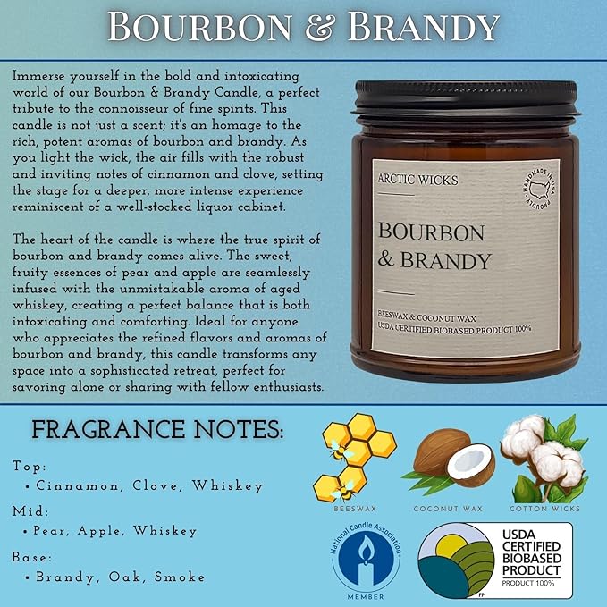 Arctic Wicks Scented Coconut Beeswax Candles | Coconut Beeswax Non Toxic Candle 9oz Amber | Farmhouse Candles Non-Toxic Clean Burn 100% USDA Certified Biobased (Bourbon & Brandy)