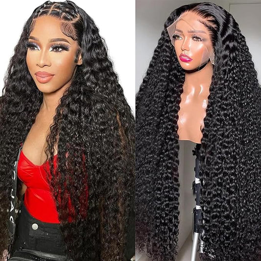 HD Transparent Deep Wave Lace Front Wigs Human Hair 200% Density 13x4 Deep Wave Lace Frontal Wigs for Women 26 Inch Deep Curly Lace Front Wig Glueless Deep Wave Wigs