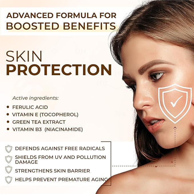 All Natural Pure 20% Vitamin C Serum For Face + 6 Active Boosters for Dark Spots, Wrinkles, Brightening, Hydrating, Even Tone, Healthy Glow with Niacinamide, Hyaluronic Acid, Ferulic Acid, Vitamin E