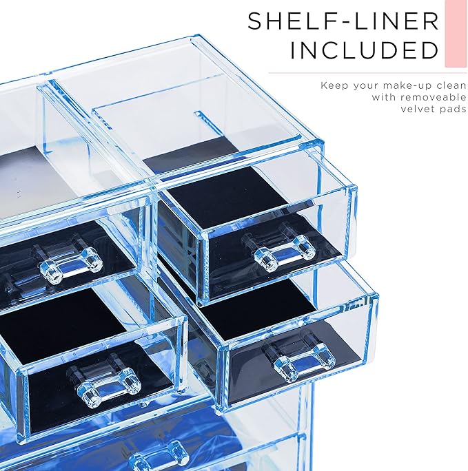 Sorbus Clear Cosmetic Makeup Organizer - Make Up & Jewelry Storage, Case & Display - Spacious Design - Great for Dresser, Bathroom, Vanity & Countertop (3 Large, 4 Small Drawers) [Blue Brilliance]