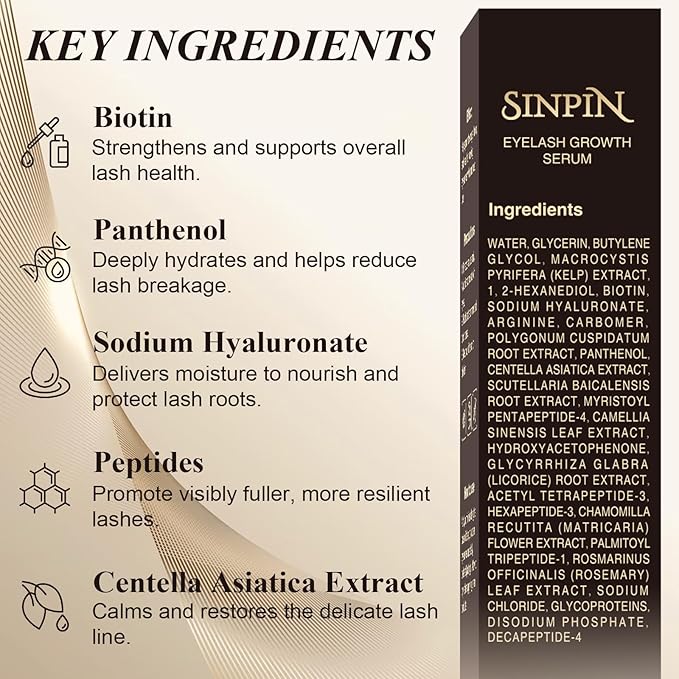 SINPIN Lash Serum for Eyelash Growth | Eyelash Serum without Prostaglandin, Premium Formula with Biotin, Panthenol & Peptides for Longer Thicker Lashes - Suero Para Pestañas Crecimiento, 5ML