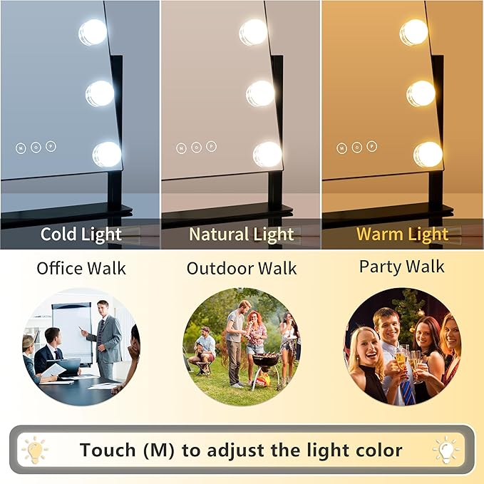 Vanity Mirror with Lights,Lighted Vanity Mirror with 9 Dimmable Bulbs for Dressing Room & Bedroom,3 Color Lighting,Modes Detachable 10x Magnification 360°Ratation (Black) 12" L x 14.4" W