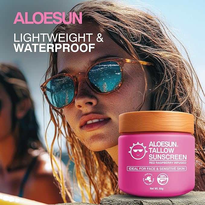 ALOESUN Organic Beef Tallow Sunscreen - Natural Sunblock Lotion for Face and Body with Non Nano Zinc Oxide Mineral Protection - Reef Safe Travel Size Tallow Moisturizer for Adult and Baby - 2.12 Oz