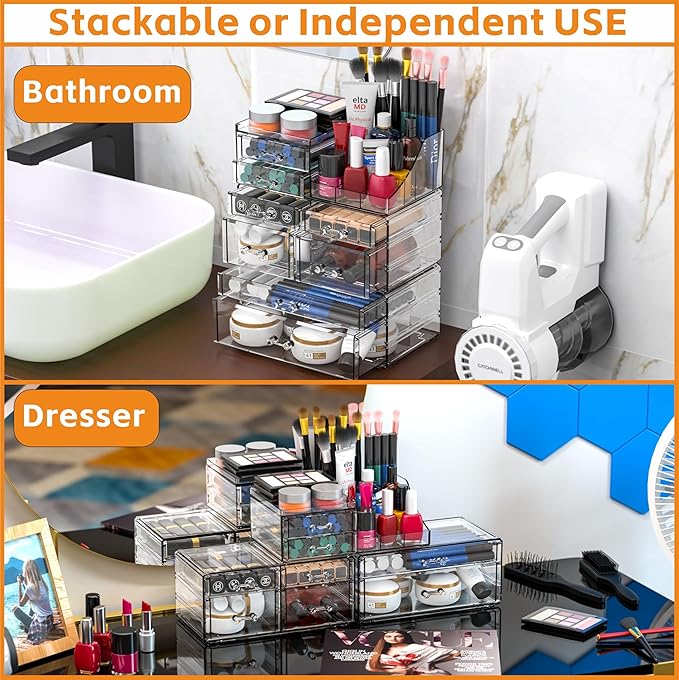 Cq acrylic Clear Make up Organizers for Vanity,Skincare Organizer With 8 Drawers for Dresser,Plastic Cute Desk Accessories Organization and Bathroom Organizers Storage Case Box for Beauty,Skin Care