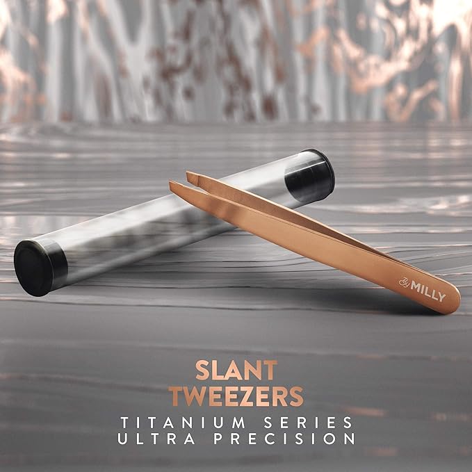 German Steel Professional Slanted Tweezers - Hammer Forged 100% Stainless Steel - Hand-Filed and Aligned Slant Tips for Precision - Rose Gold