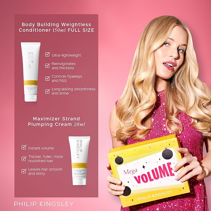 Philip Kingsley Retro Christmas Collection Mega Volume - Elasticizer Deep-Conditioning Hair Mask Treatment, Body Building Volumizing Shampoo and Conditioner Set, Maximizer Strand Plumping Cream