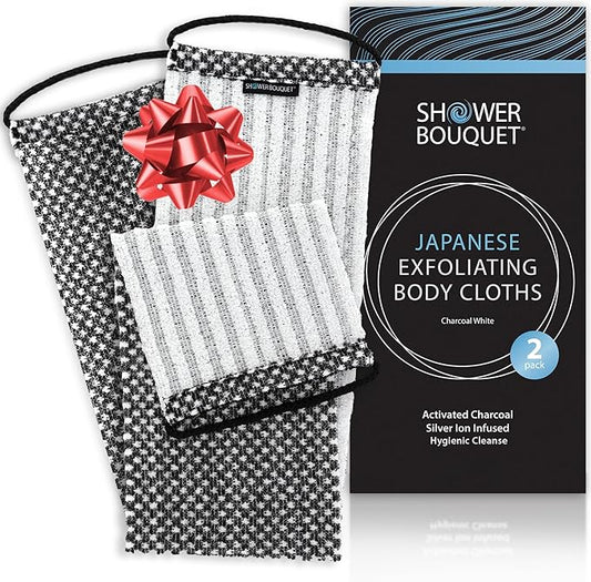 Japanese Exfoliating Washcloth for Back & Body - Charcoal & Silver Ion Exfoliating Towel - Two-Sided Gentle Exfoliation