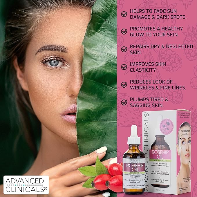 Advanced Clinicals Rosehip Oil For Face With Vitamin E + Botanicals Helps Improve Look Of Dark Spots, Wrinkles, Fine Lines, & Uneven Looking Skin Tone | Moisturizing Skin Care Face Serum, 2-Pack