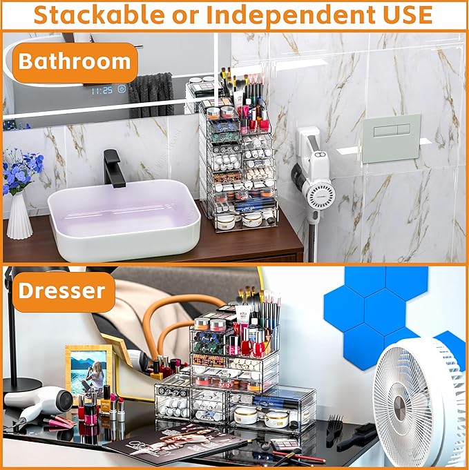 Cq acrylic Clear Make up Organizers for Vanity,Skincare Organizer With 13 Drawers for Dresser,Plastic Cute Desk Accessories Organization and Bathroom Organizers Storage Case Box for Beauty,Skin Care