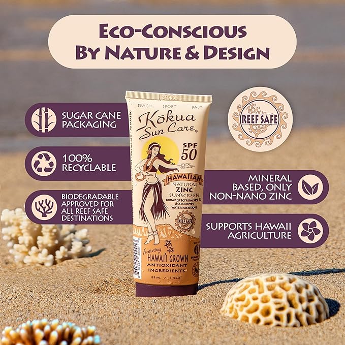Kokua Sun Care Hawaiian Reef Safe Sunscreen SPF 50 | 3 oz | Zinc Oxide | Mineral Sunscreen | Face & Body | Moisturizing Sun Protection | Water Resistant | Chemical Free | Natural Ingredients
