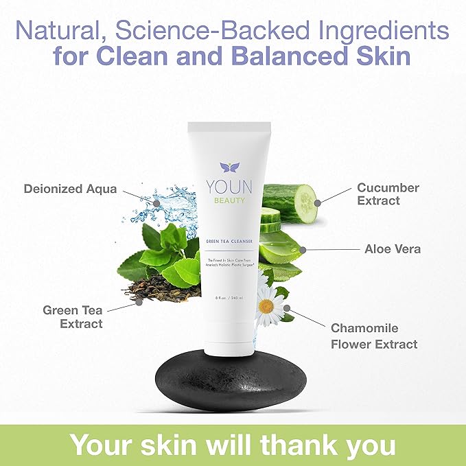 YOUN Beauty Green Tea Face Cleanser by Dr. Anthony Youn – Paraben-Free, Hydrating Facial Cleanser with Aloe Vera, Chamomile & Cucumber Extracts – Daily Face Wash for All Skin Types