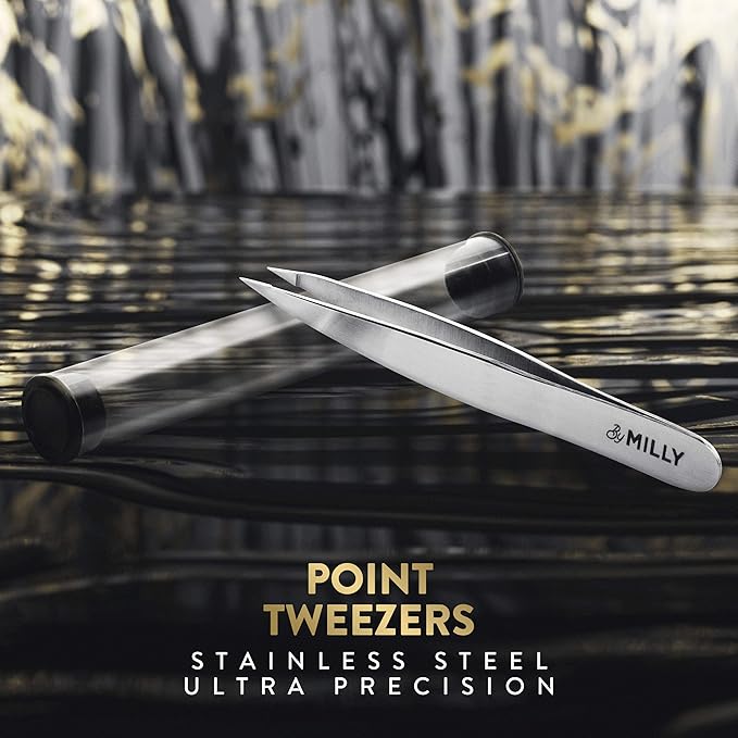 Pointed Tweezers | High Carbon Stainless Steel Needle Nose | Fine Point Precision Hair Removal | Perfectly Aligned & Hand-Filed Sharp | Silver