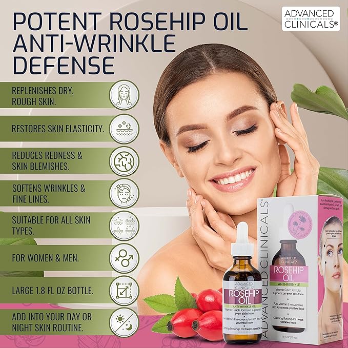 Advanced Clinicals Rosehip Oil For Face With Vitamin E + Botanicals Helps Improve Look Of Dark Spots, Wrinkles, Fine Lines, & Uneven Looking Skin Tone | Moisturizing Skin Care Face Serum, 2-Pack