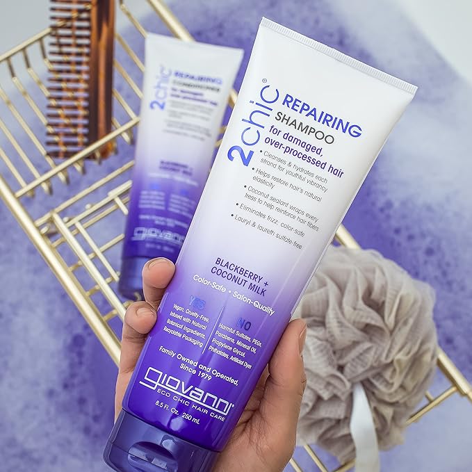 GIOVANNI 2chic Ultra-Repairing Shampoo & Conditioner Set - For Damaged, Over-Processed Hair, Helps Restore Hair's Natural Elasticity, Blackberry & Coconut Oil, Shea Butter, Color Safe - 24 oz. Each