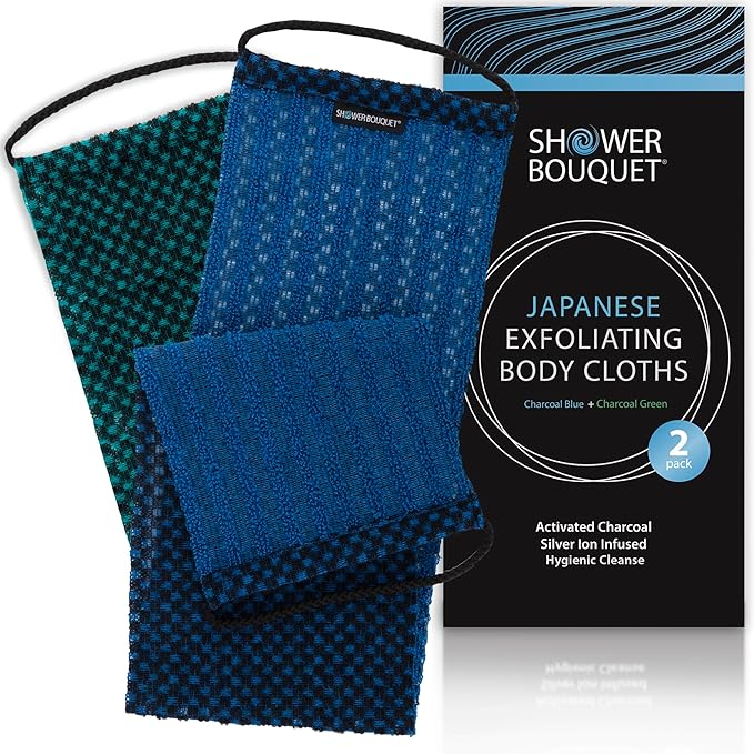 Japanese Exfoliating Washcloth for Back & Body - Charcoal & Silver Ion Exfoliating Towel - Two-Sided Gentle Exfoliation